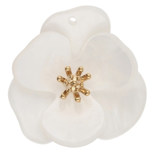 Pendentifs fleur en relief 30 mm en acrylique - Acier inox Doré - Blanc marbré x2
