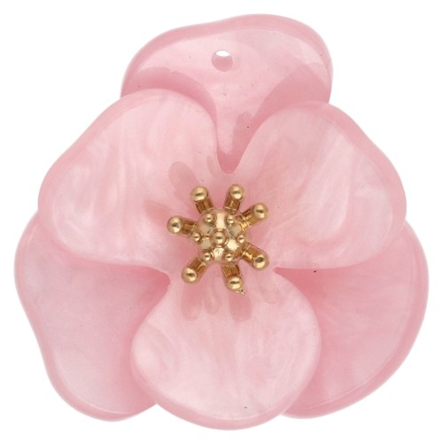 Pendentifs fleur en relief 30 mm en acrylique Acier inox Doré Rose clair marbré x2