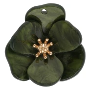 Pendentifs fleur en relief 30 mm en acrylique - Acier inox Doré - Kaki marbré x2