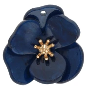 Pendentifs fleur en relief 30 mm en acrylique - Acier inox Doré Bleu roi marbré x2