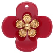 Pendentifs fleur 26 mm en acrylique - Acier inox doré - Rouge x2