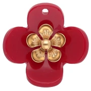 Pendentifs fleur 26 mm en acrylique - Acier inox doré - Rouge x2