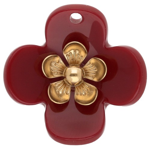 Pendentifs fleur 26 mm en acrylique - Acier inox doré - Bordeaux x2
