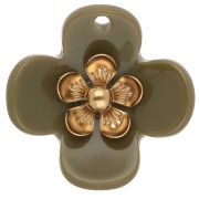 Kaki - Pendentifs fleur 26 mm en acrylique - Acier inox doré - Kaki x2 Pendentifs fleur 26 mm en acrylique - Acier inox doré - Kaki x2
