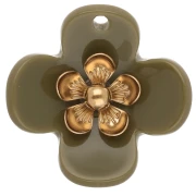 Pendentifs fleur 26 mm en acrylique - Acier inox doré - Kaki x2