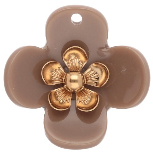 Pendentifs fleur 26 mm en acrylique - Acier inox doré - Taupe x2