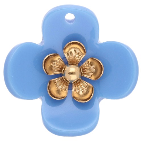 Pendentifs fleur 26 mm en acrylique - Acier inox doré - Bleu ciel x2