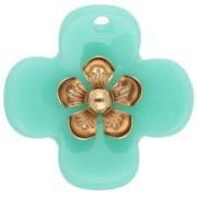 Turquoise - Pendentifs fleur 26 mm en acrylique - Acier inox doré - Turquoise x2 Pendentifs fleur 26 mm en acrylique - Acier inox doré - Turquoise x2