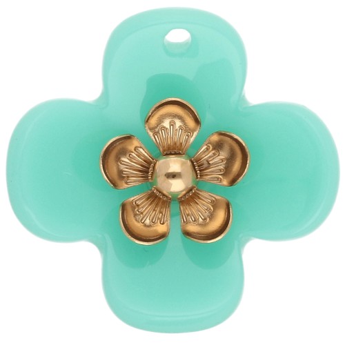 Pendentifs fleur 26 mm en acrylique - Acier inox doré - Turquoise x2