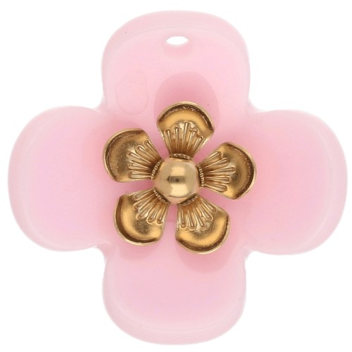 Pendentifs fleur 26 mm en acrylique - Acier inox doré - Rose clair x2