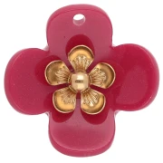 Pendentifs fleur 26 mm en acrylique - Acier inox doré - Framboise x2