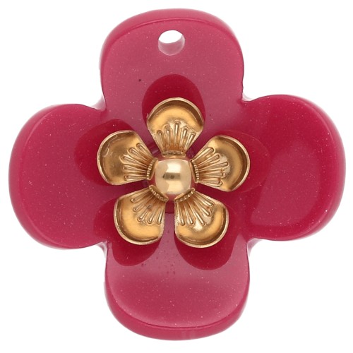 Pendentifs fleur 26 mm en acrylique - Acier inox doré - Framboise x2