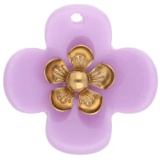 Pendentifs fleur 26 mm en acrylique - Acier inox doré - Lilas x2