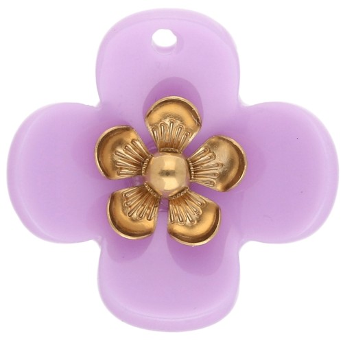 Pendentifs fleur 26 mm en acrylique - Acier inox doré - Lilas x2