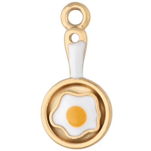 Pendentif poêle et œuf au plat 21x10 mm - Acier inox 304 Doré - Blanc - Jaune