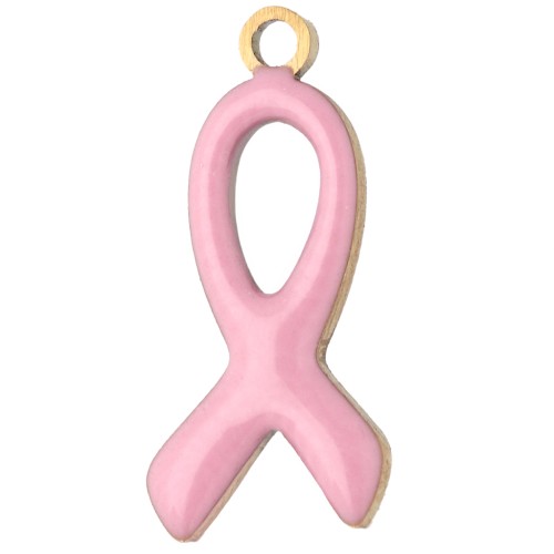 Breloque ruban de sensibilisation 14x6 mm époxy Acier inox 316L Doré - Rose clair