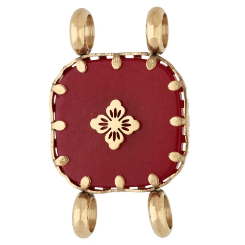 Intercalaire carré 15 mm décor fleur - Acier inox 304 Doré - Agate rouge teintée