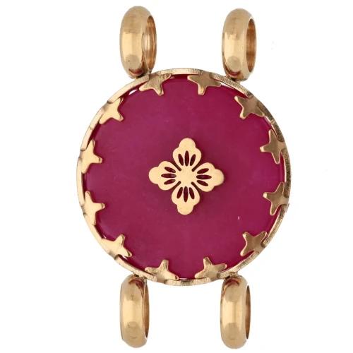 Intercalaire rond 15 mm décor fleur - Acier inox 304 Doré - Calcedoine rose teinté