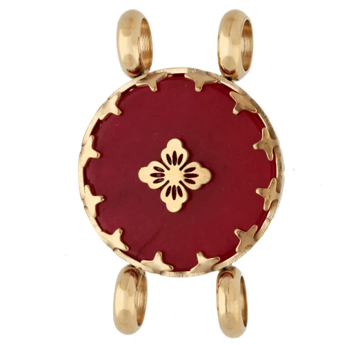 Intercalaire rond 15 mm décor fleur - Acier inox 304 Doré - Agate rouge teintée
