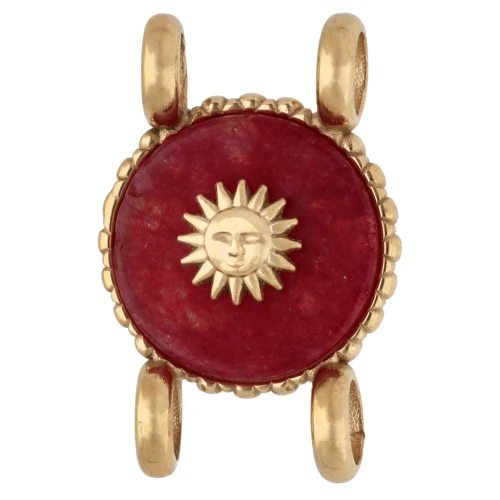 Intercalaire rond 14 mm décor soleil - Acier inox 304 Doré - Agate rouge teintée