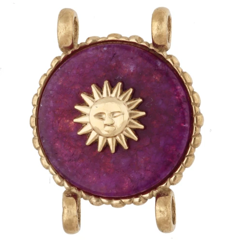 Intercalaire rond 14 mm décor soleil Acier inox 304 Doré - Agate violette teintée