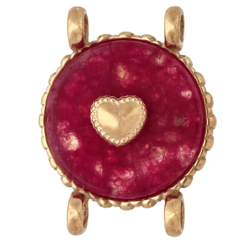 Intercalaire rond 14 mm décor coeur - Acier inox 304 Doré - Agate rouge teintée