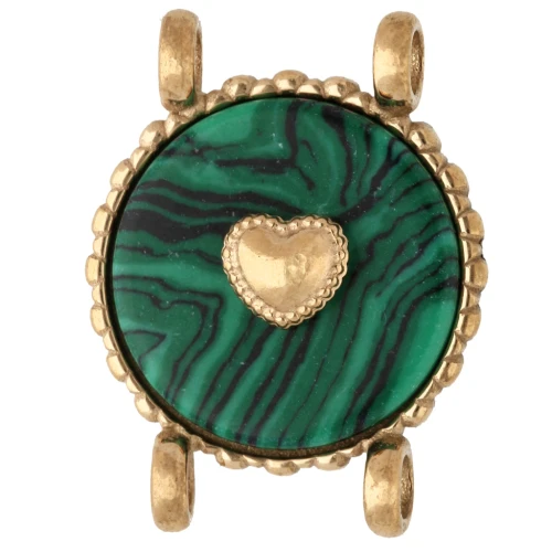 Intercalaire rond 14 mm décor coeur - Acier inox 304 Doré - imitation Malachite