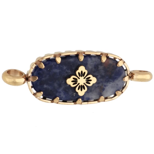 Intercalaire ovale 18x8 mm décor fleur - Acier inox 304 Doré - Lapis lazuli teinté