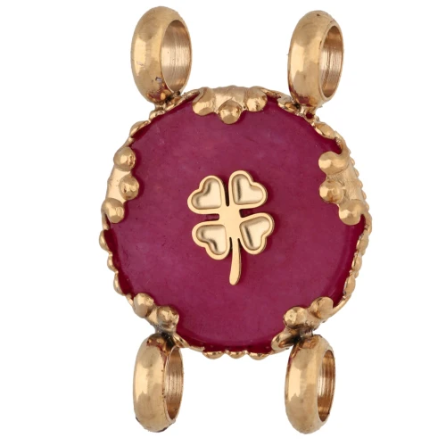 Intercalaire rond 14 mm décor trèfle Acier inox 304 Doré - Calcédoine rose teintée