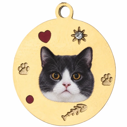 Breloque ronde 15 mm impression UV tête de chat - Acier inox 304 Doré