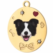 Breloque ovale 19x15 mm impression UV tête de Border Collie - Acier inox 304 Doré