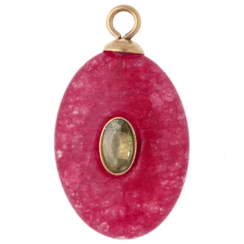 Pendentif ovale 22x13mm CZ vert & pierre teintée Grenat rose Acier inox 304 Doré