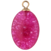 Pendentif ovale 22x13mm CZ & pierre teintée Calcedoine rose Acier inox 304 Doré