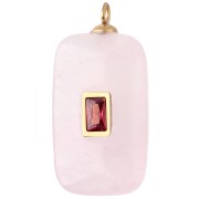 Pendentif rectangle 30x15 mm CZ rouge & pierre Quartz rose Acier inox 304 Doré
