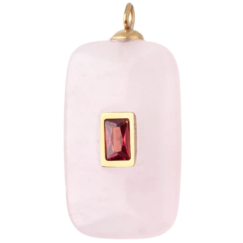 Pendentif rectangle 30x15 mm CZ rouge & pierre Quartz rose Acier inox 304 Doré