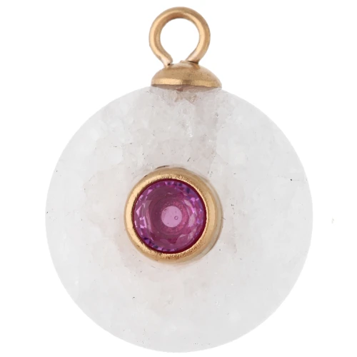 Breloque ronde 15 mm CZ rose & pierre gemme Agate - Acier inox 304 Doré