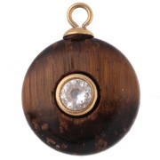 Breloque ronde 15 mm CZ & pierre gemme Oeil de tigre - Acier inox 304 Doré