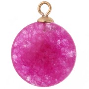 Breloque ronde 15mm CZ vert & pierre teintée Calcedoine rose Acier inox 304 Doré