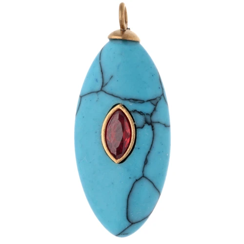 Pendentif navette 29x12 mm CZ orange & imit gemme Turquoise Acier inox 304 Doré