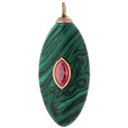 Pendentif navette 29x12 mm CZ rouge & imit gemme Malachite Acier inox 304 Doré