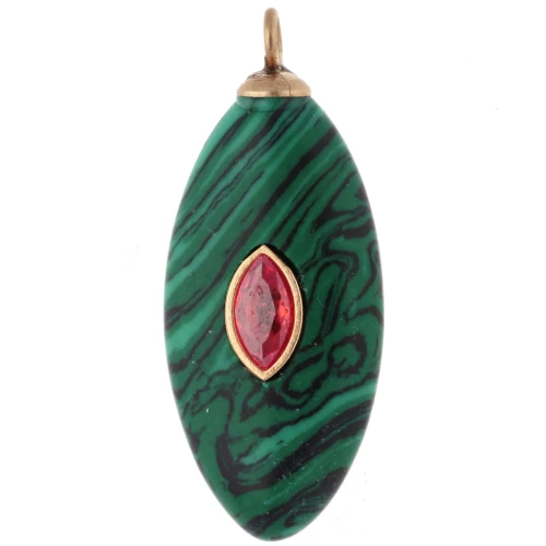 Pendentif navette 29x12 mm CZ rouge & imit gemme Malachite Acier inox 304 Doré