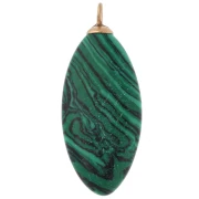 Pendentif navette 29x12 mm CZ rouge & imit gemme Malachite Acier inox 304 Doré