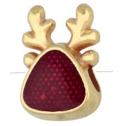 Perle en forme de tête de renne 10.5x7 mm résine époxy - Doré à l'or fin - Rouge