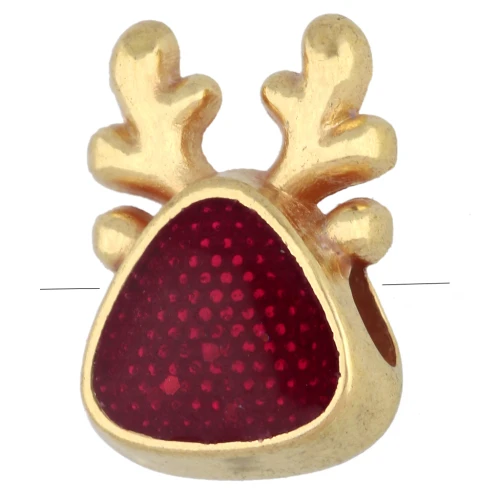 Perle en forme de tête de renne 10.5x7 mm résine époxy - Doré à l'or fin - Rouge