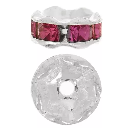 Rondelles Strass 6 mm - Argenté - Fuchsia x4