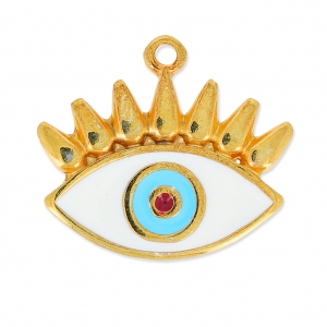 Pendentif oeil porte-bonheur résine époxy 21 mm Blanc/Bleu Ciel/Doré à l'or fin x1