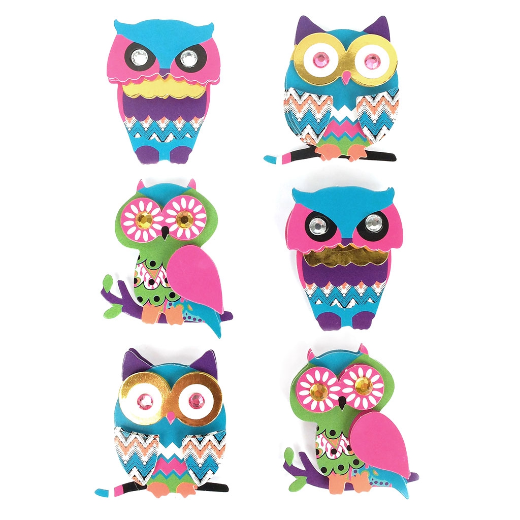 Planche De 6 Stickers En 3d 45 Mm Hibou Chouette Multicolore Perles Co