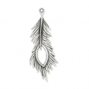 Pendentif plume de paon 71 mm Placage Argent fin vieilli x1