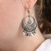 Breloque en métal rond décor ethnique 9 mm Placage Argent fin vieilli x1