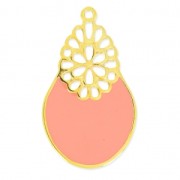 Pendentif ovale décor fleur résine époxy 36 mm Light Coral/Doré à l'or fin x1
